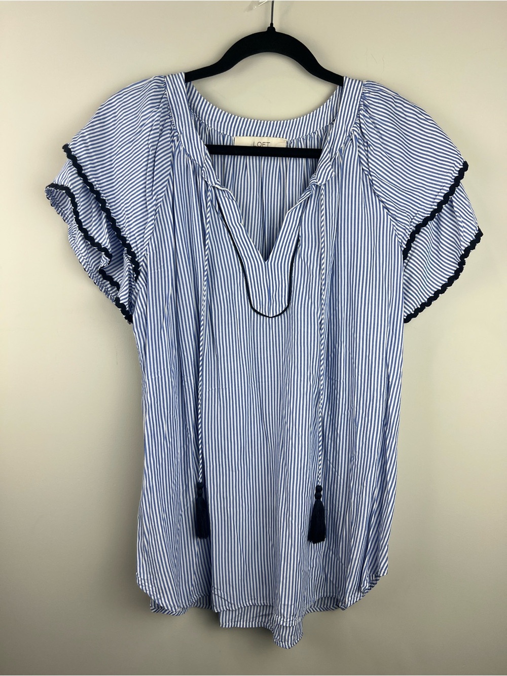 LOFT Blue & White Striped Tassel Peasant Top